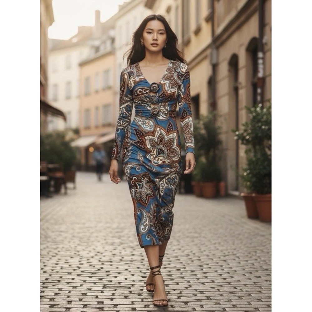 Farm‎ Rio x Anthropologie Wonderful Bouquet Teal Floral V-Neck MIDI Dress Medium